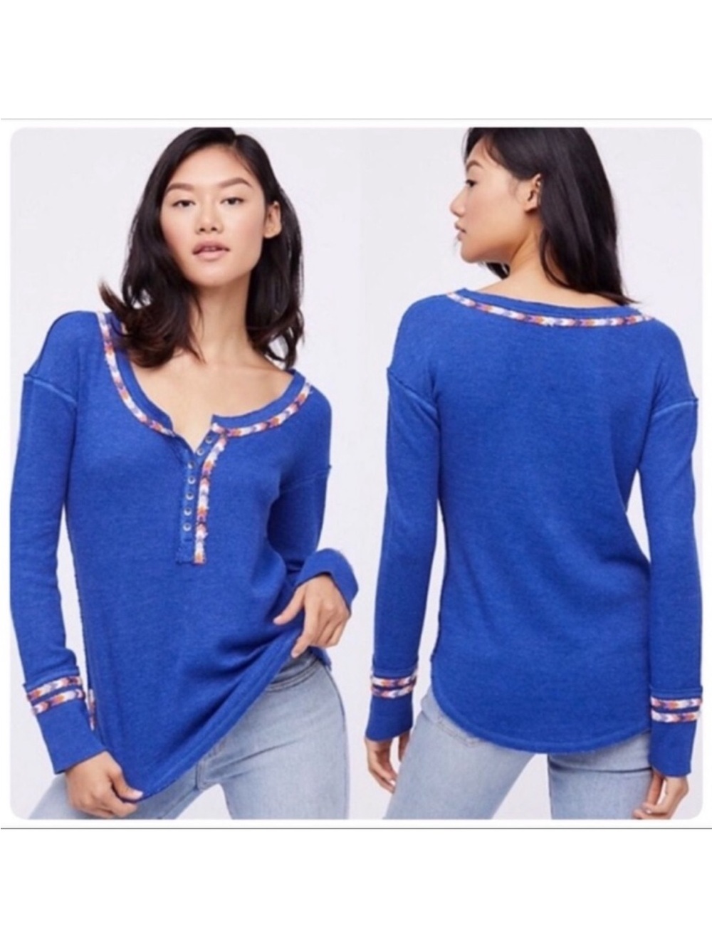Free People Rainbow Thermal Blue Long-Sleeve Henley with Multicolor Braided Trim